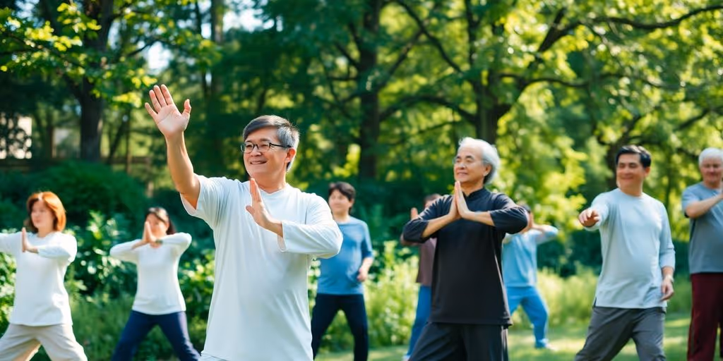 Personnes pratiquant le Qi Gong en pleine nature.