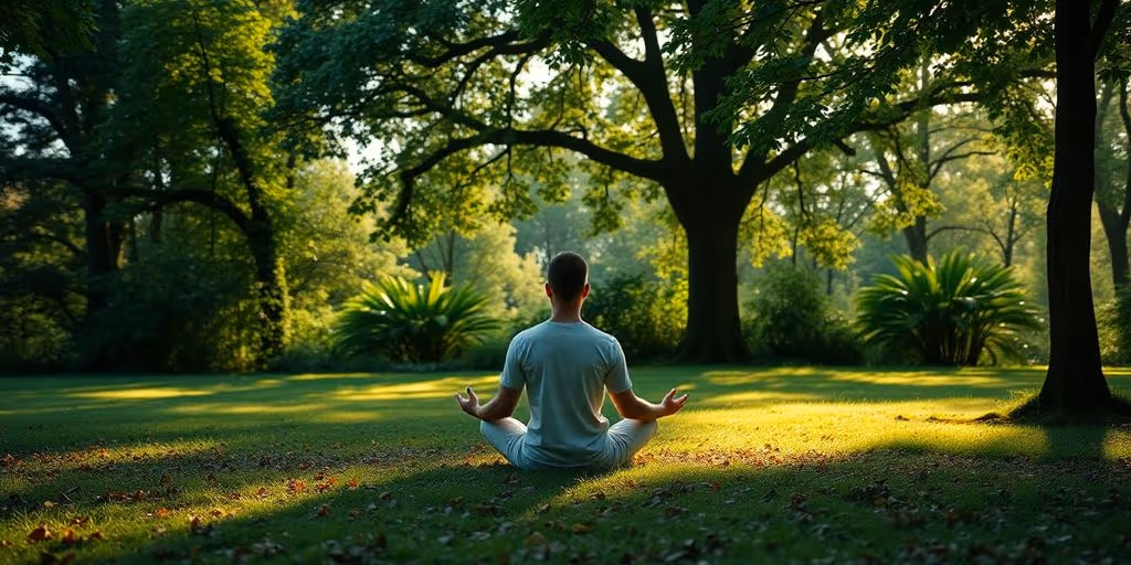 Personne méditant dans la nature, entourée de verdure.