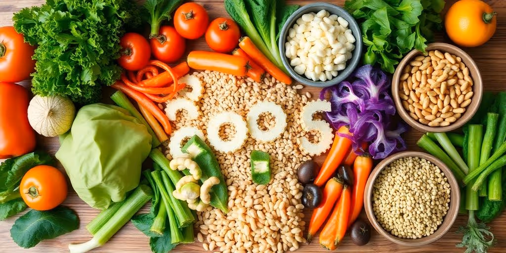 Aliments macrobiotiques colorés sur une table en bois.