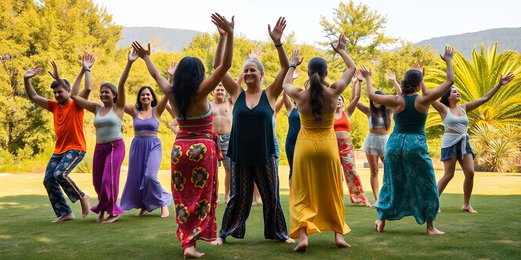 Gens dansant joyeusement dans un espace ouvert.