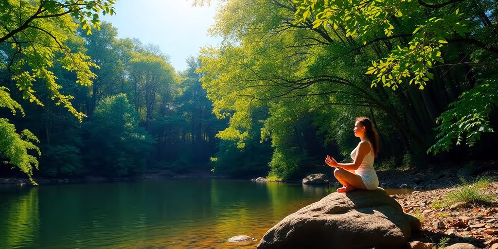 Une personne méditant au bord d'une rivière paisible.