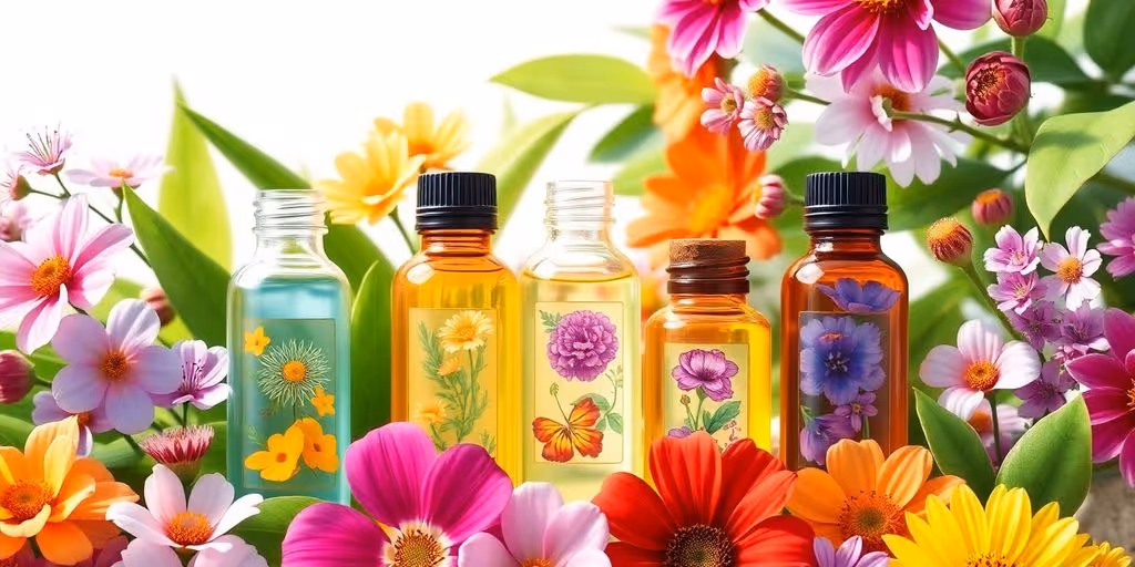 Bouteilles d'élixirs floraux entourées de fleurs fraîches.