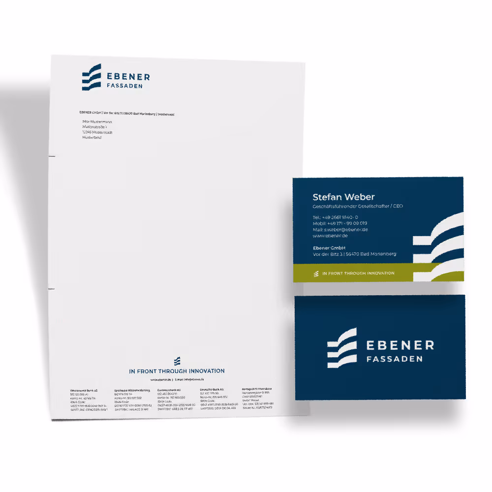Grafische Aufarbeitung der Geschäftsausstattung eines Unternehmens in Form von Briefpapier und Visitenkarte