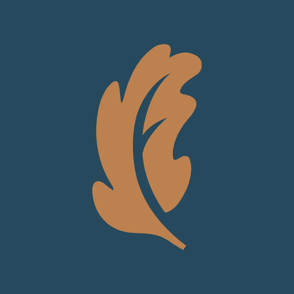 Eichenblatt mit Stamm in Form eines "F" auf blauem Hintergrund