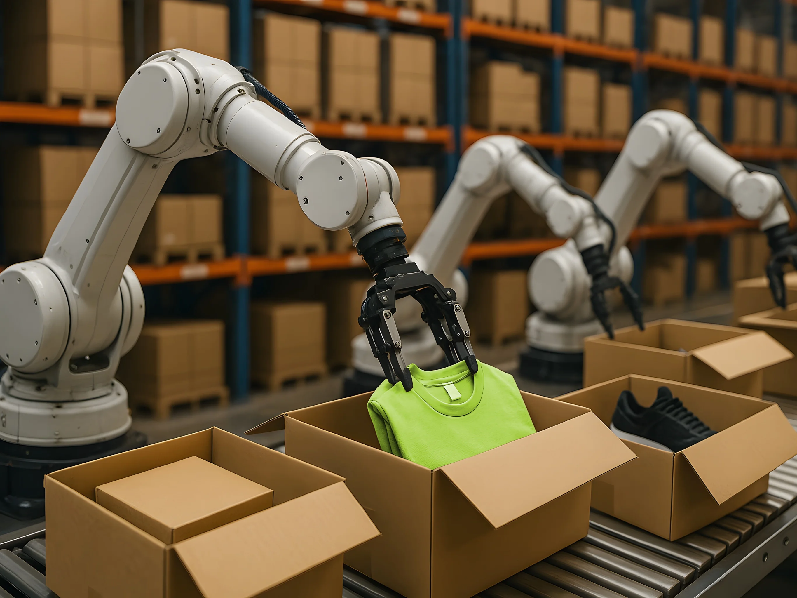 Ein PickRoboter holt ein T-Shirt aus einem Karton. Möglich wird das durch die Verknüfung von AutoStore und Pickrobotern mit enventa Fashion WMS.