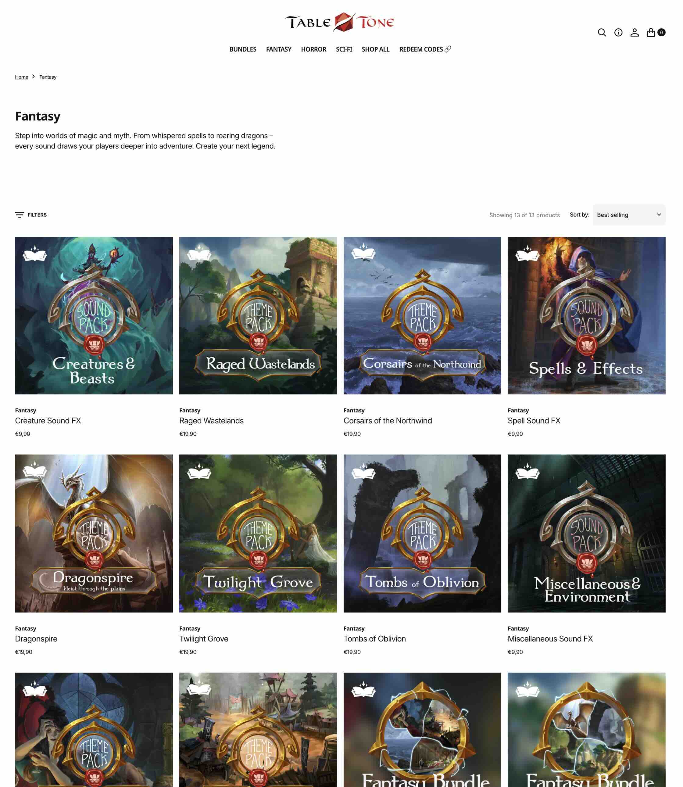 Screenshot of the TableTone Online Store showing an overview of Content Packs