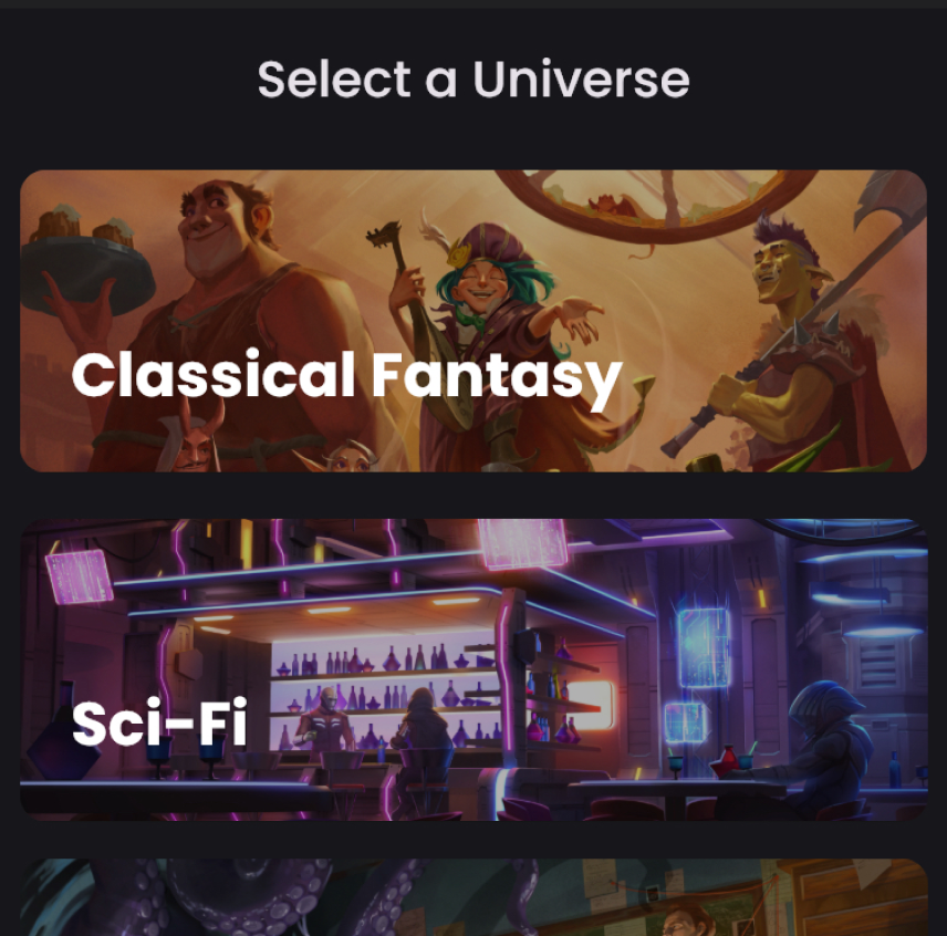 Screenshot of the Universe Select menu in the TableTone App