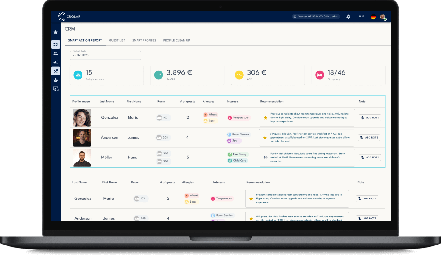 Crqlar hotel software guest profile