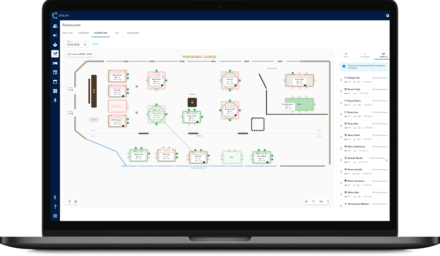 A laptop with a screenshot of the crqlar hotel restaurant software with the floorplan shown. Easy drag and drop of reservations from one table to another
