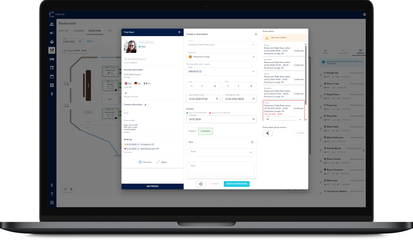 Screenshot of a laptop with the crqlar hotel software with a focus on the half board feature where you can sit arriving guests for the full duration of the stay with just a few clicks.