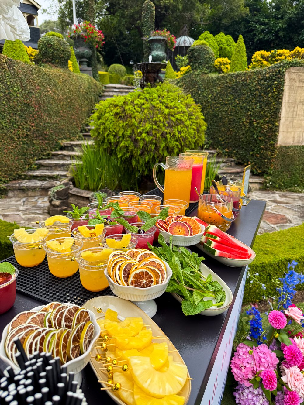 Garden mocktail and grazing table for a birthday