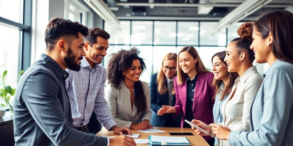 Vielfältige Mitarbeiter arbeiten zusammen in einem modernen Büro.