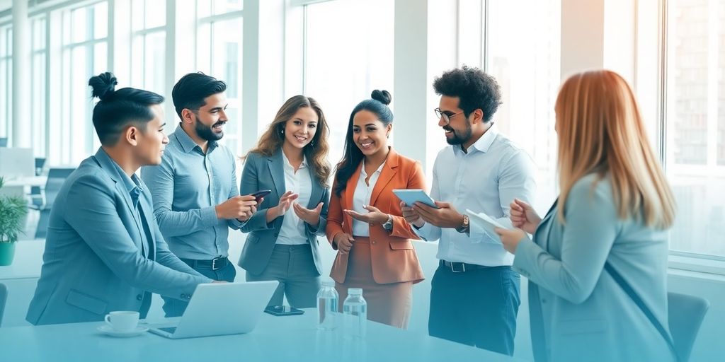Diverse Fachleute diskutieren über Recruiting-Strategien im Büro.