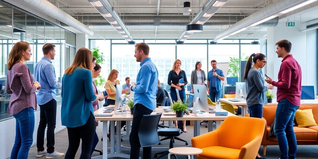 Diverse Mitarbeiter in einem modernen Büro mit flexiblen Arbeitsplätzen.