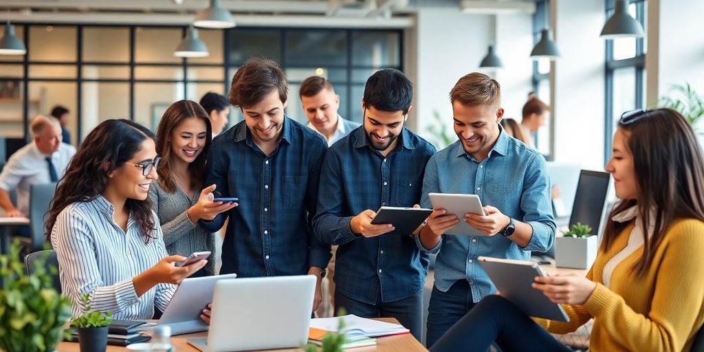 Junge Berufstätige arbeiten zusammen in einem modernen Büro.