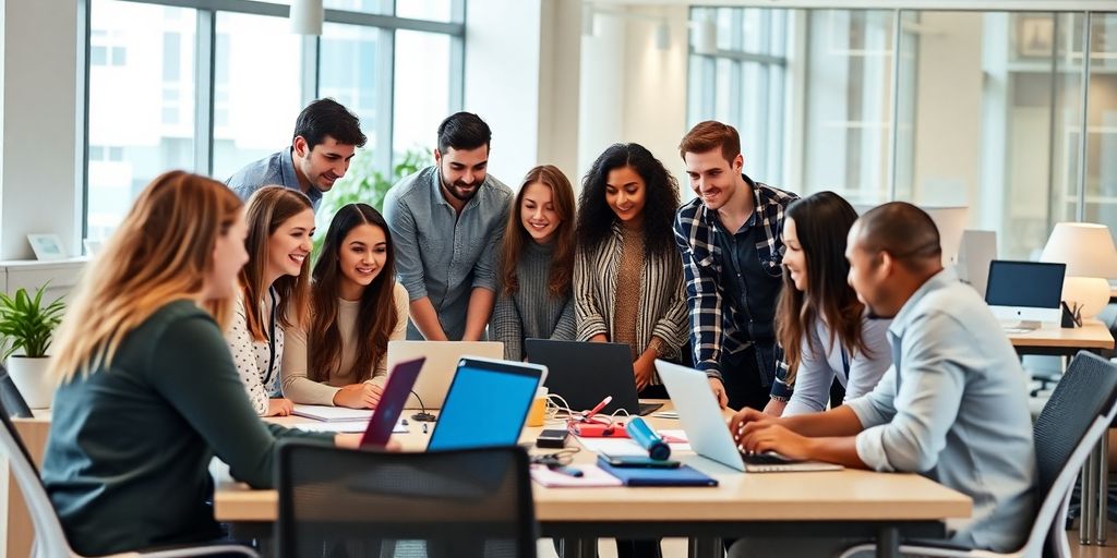 Junge Berufstätige arbeiten zusammen in einem modernen Büro.