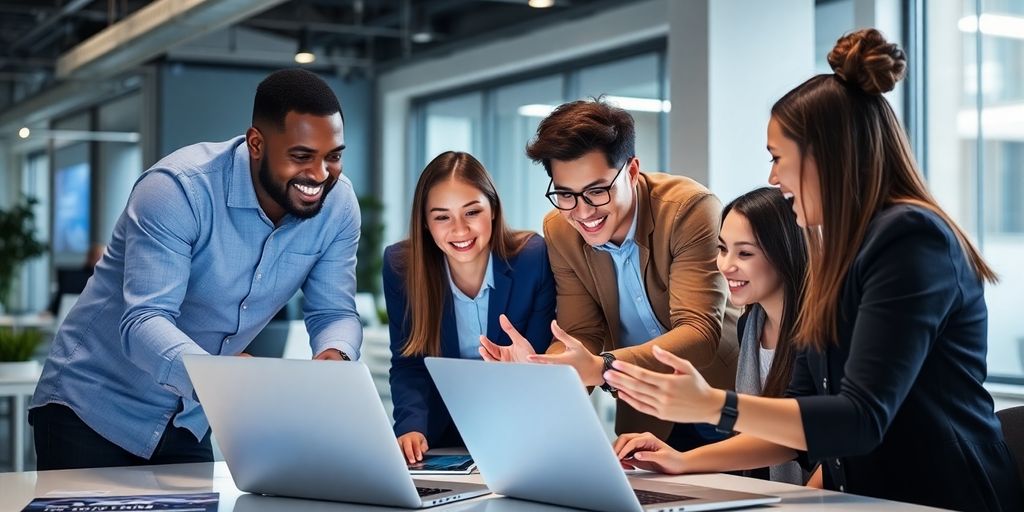 Diverse Team arbeitet zusammen an moderner Rekrutierungstechnologie.