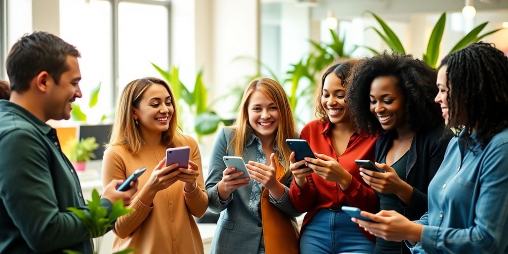 Diverse Mitarbeiter im Büro, die mobil interagieren.