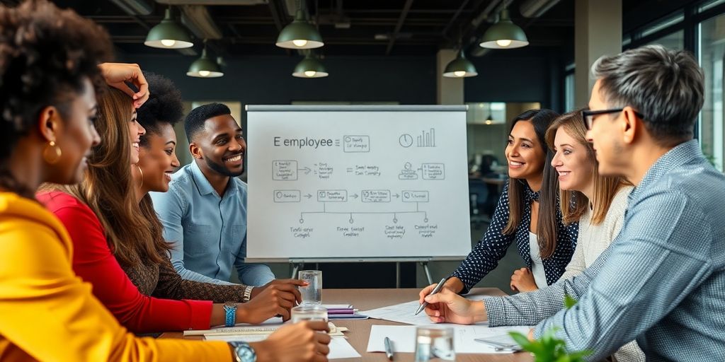 Verschiedene Mitarbeiter diskutieren Strategien im Büro.