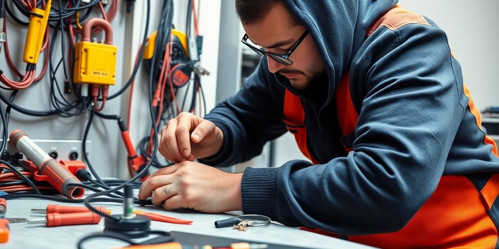 Elektriker bei der Arbeit mit Werkzeugen und Sicherheitsausrüstung.