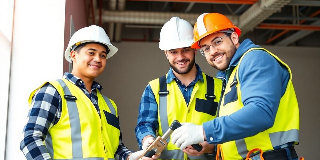Elektriker arbeiten gemeinsam mit Werkzeugen und Sicherheitsausrüstung.