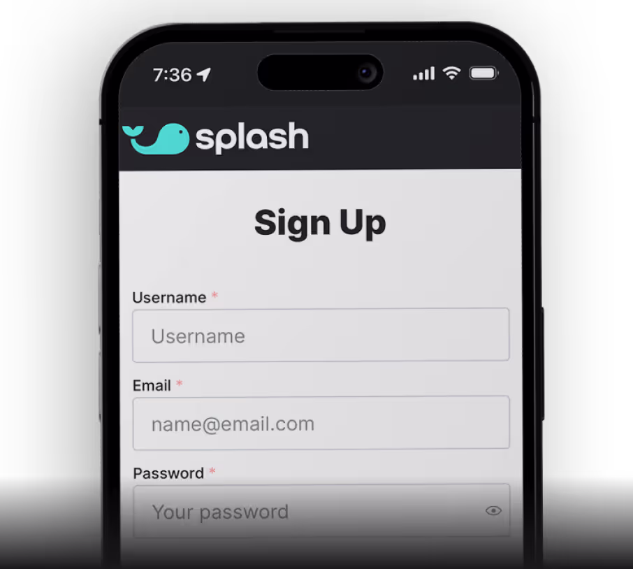 iPhone displaying Splash Sign Up page