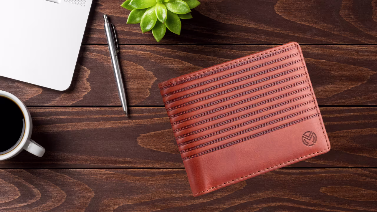 Maharya men's slim leather wallet from the Terra Collection in cognac brown – minimalist bifold with handcrafted detailing