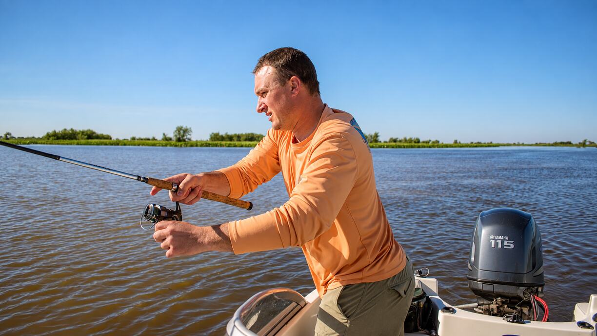 Angler retrieving with a baitcasting rod and reel from a boat on the Paraná