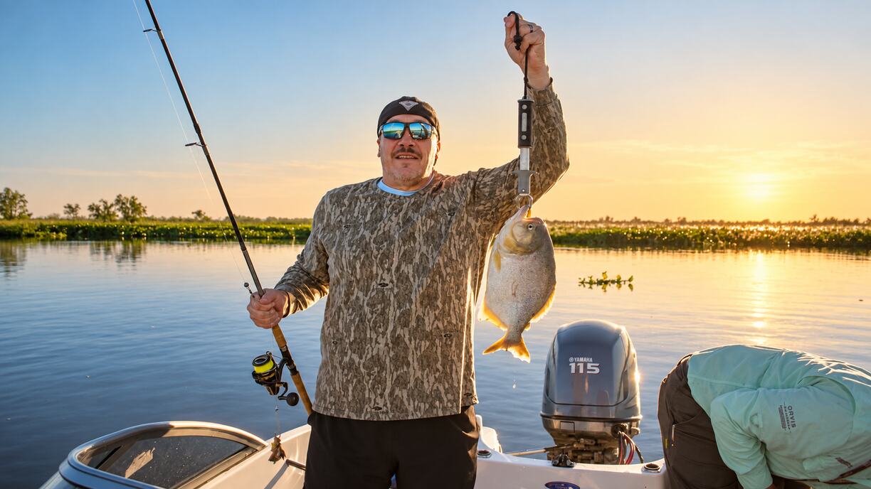 Angler with a spinning rod holding up a palometa at sunset