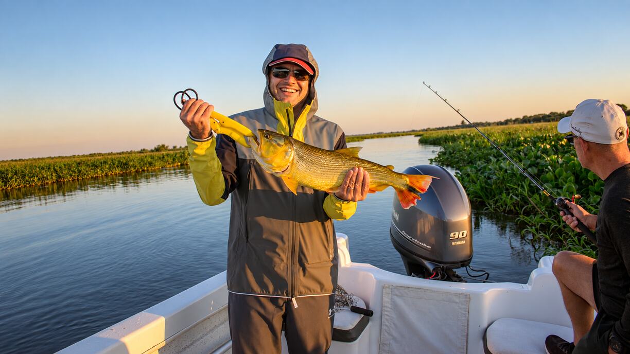 Angler in a hooded rain jacket and sunglasses holding a golden dorado