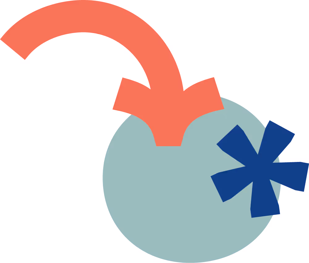 Grafisches Designelement der Agentur aus Pfeil, Kreis und Sternchen, das Strategie und Umsetzung symbolisieren soll