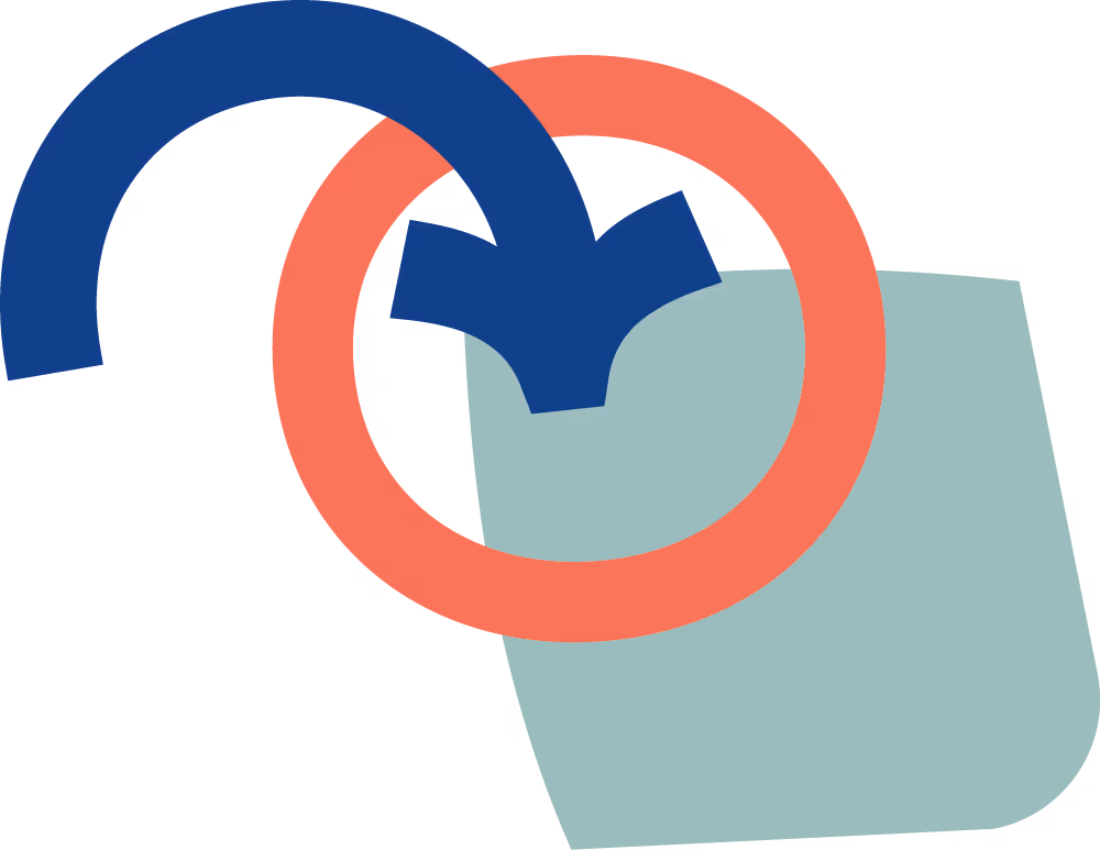 Grafisches Designelement der Agentur aus Pfeil, Kreis und Quadrat, das Fokus und maßgeschneiderte Lösungen symbolisieren soll