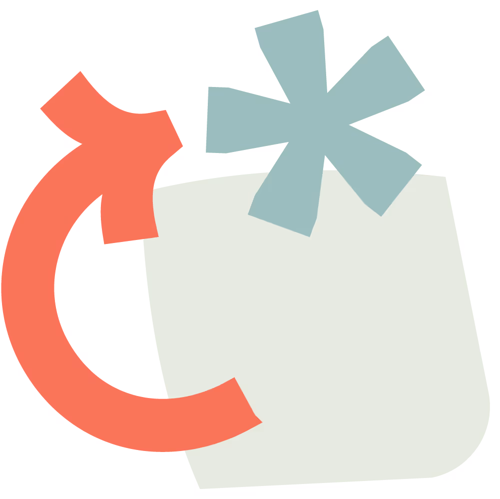 Grafisches Designelement der Agentur aus Pfeil, Quadrat und Sternchen, das Struktur und Wissen symbolisieren soll