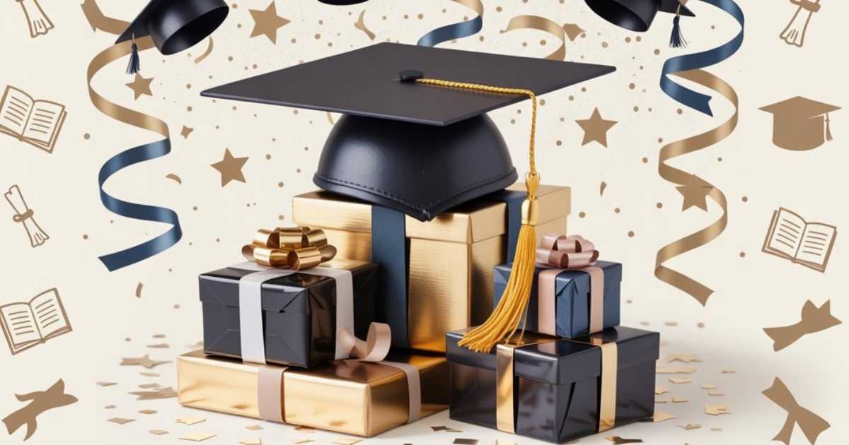 A festive composition with a graduation cap and wrapped gift boxes on a festive background.