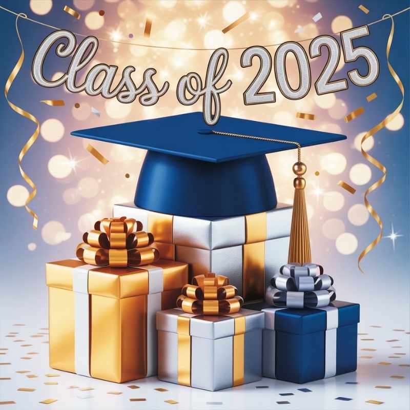 A celebratory flat lay featuring a graduation cap, wrapped gift boxes, and a 'Class of 2025' sign on a festive background.