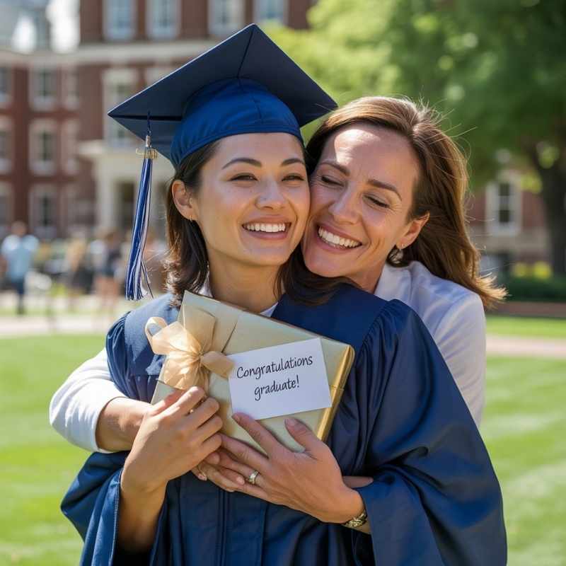 A smiling graduate in cap and gown receiving a heartfelt hug and a wrapped gift from a proud family member.