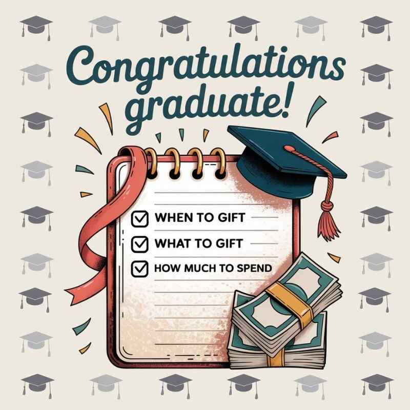 A checklist on a notepad with categories: 'When to Gift,' 'What to Gift,' and 'How Much to Spend,' alongside a graduation card and cash.