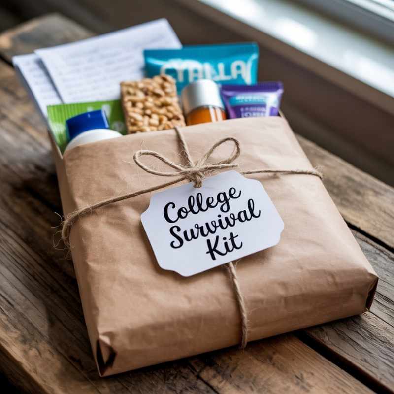 A DIY care package with snacks, mini toiletries, and a handwritten note labeled 'College Survival Kit.