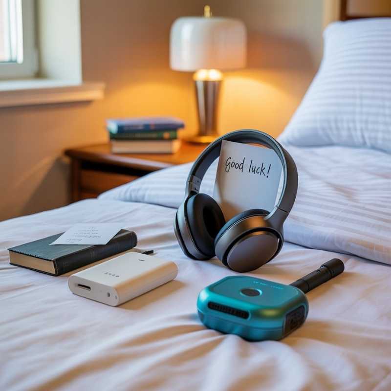 Practical gifts like headphones, a portable charger, and a mini vacuum laid out on a dorm bed.