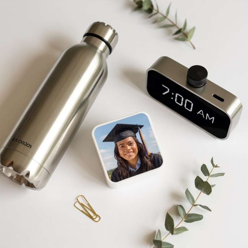 A flat lay of trendy 2025 gifts including a reusable water bottle, smart alarm clock, and custom air freshener with a grad photo.