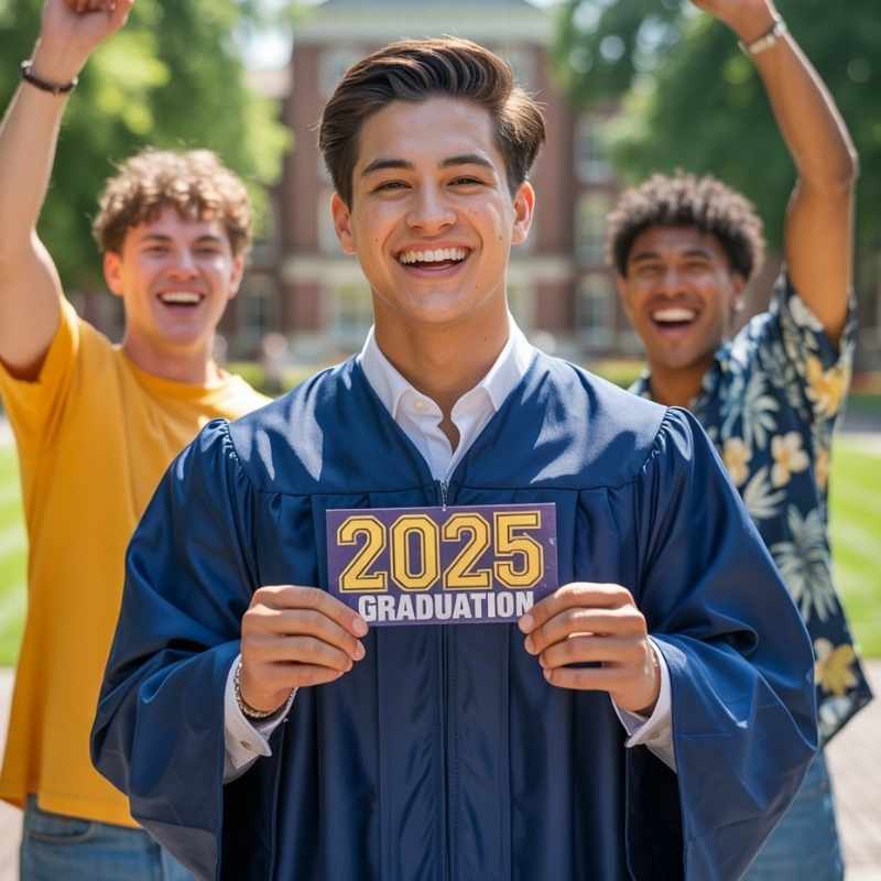 A graduate holding concert tickets with friends cheering, symbolizing an experiential graduation gift