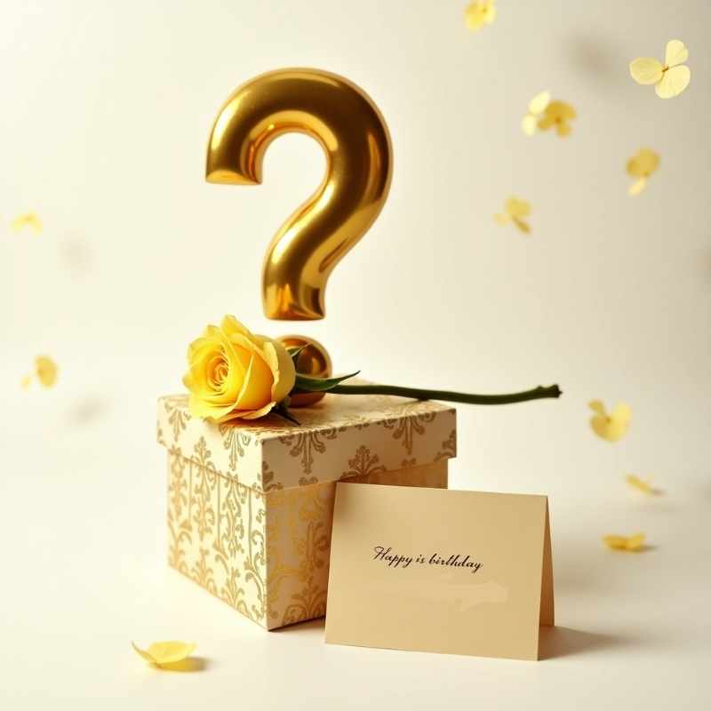 Gold-themed gift box with a yellow rose, a greeting card, and a question mark symbolizing common 50th birthday gift questions.