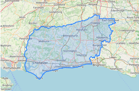 a map showing the boundaries of West Sussex