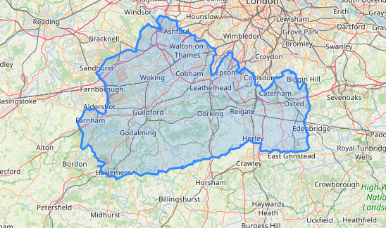 a map showing the boundaries of Surrey