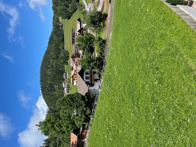 Alpine village with wooden houses nestled in green meadow and forested mountain