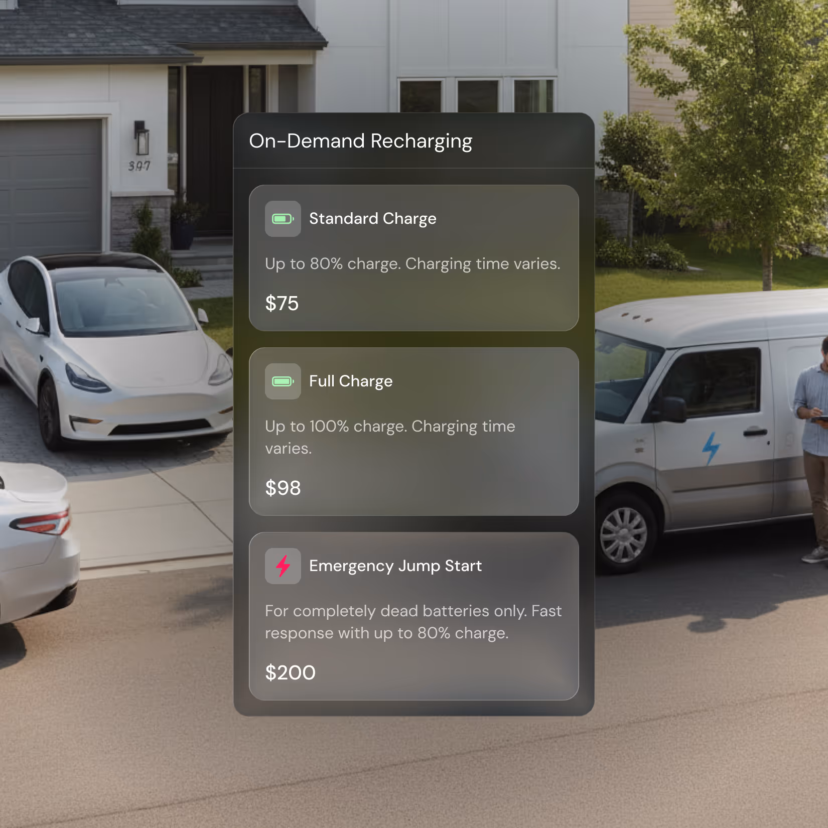 On-demand recharging options with prices: Standard Charge up to 80% for $75, Full Charge up to 100% for $98, and Emergency Jump Start for dead batteries at $200.