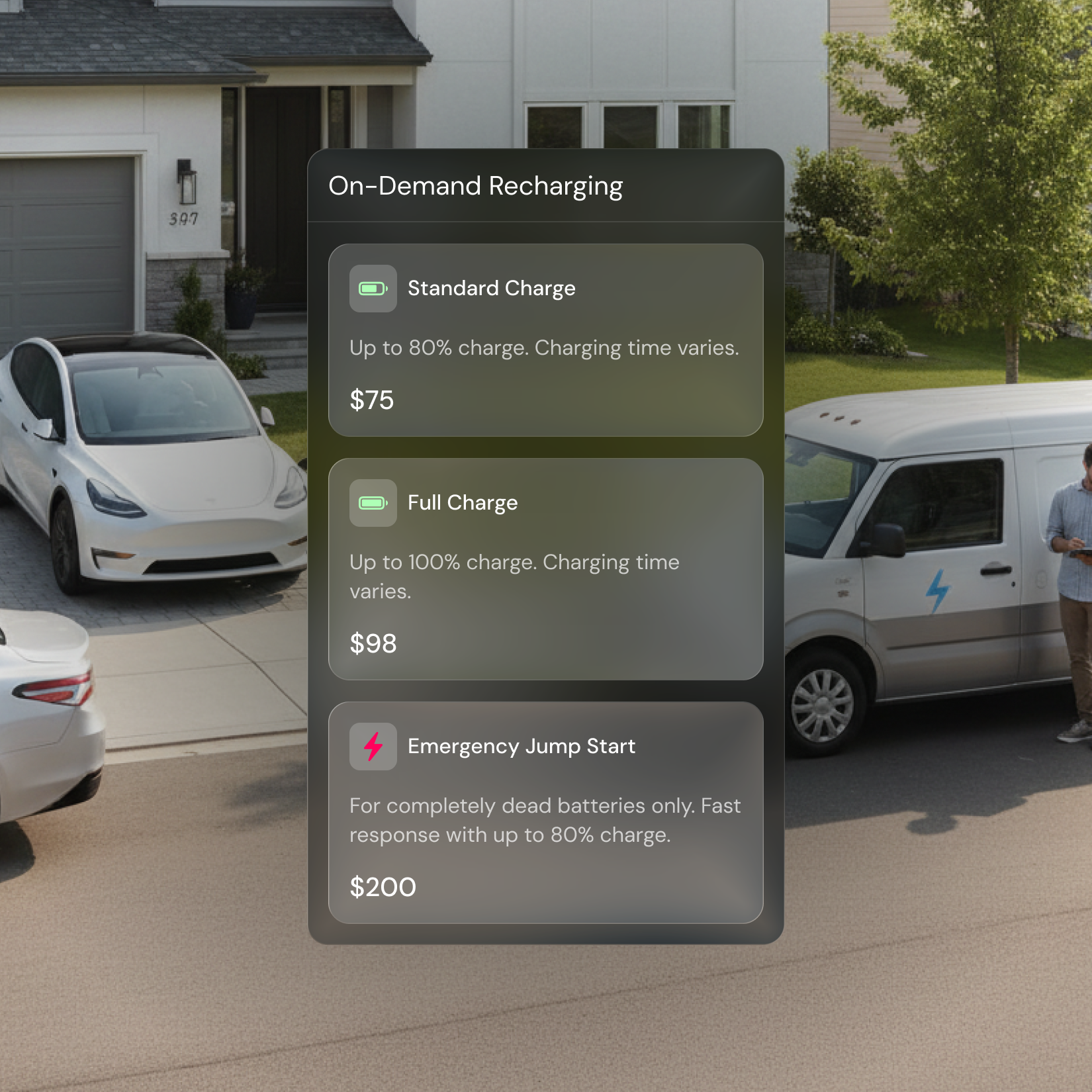 On-demand recharging options with prices: Standard Charge up to 80% for $75, Full Charge up to 100% for $98, and Emergency Jump Start for dead batteries at $200.