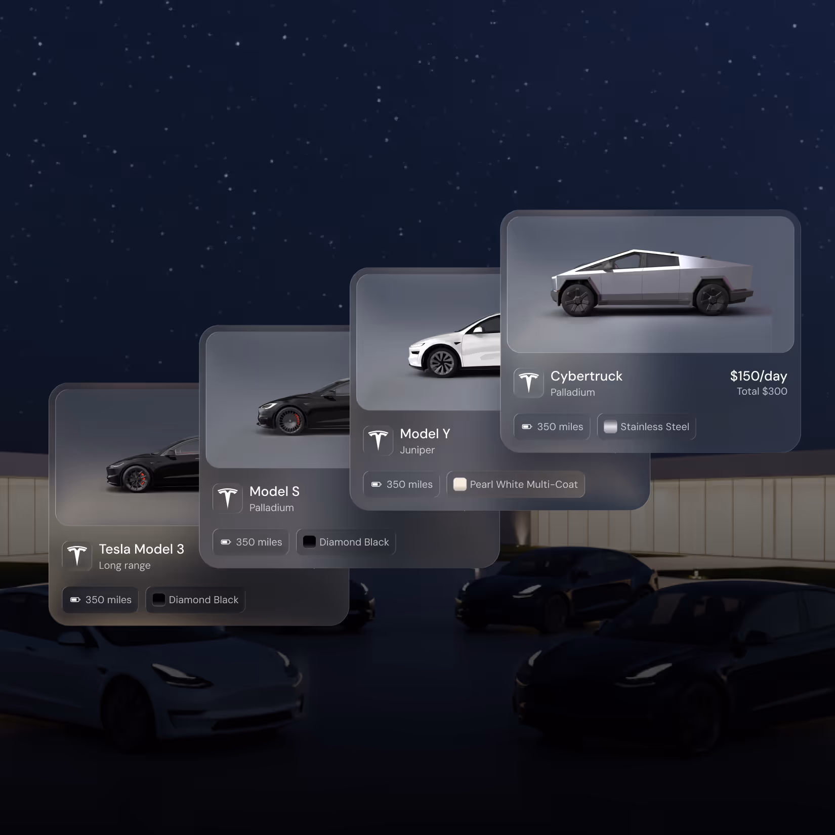 Digital overlay showing Tesla vehicle options including Model 3, Model S, Model Y, and Cybertruck with details on range, specs, and rental price.