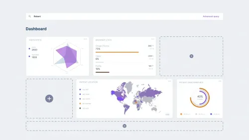 Data visualization example of a dashboard displaying various metrics, including visit stats with a radar chart, browser stats with a bar chart, patient location on a world map, and patient demographics with a donut chart. The dashboard includes placeholders for additional widgets.