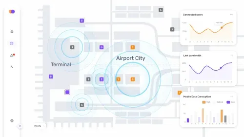 Data visualization example of an airport map with dashboard with various zones marked and connected users, link bandwidth, and mobile data consumption metrics displayed in the form of line and bar charts on the right side.